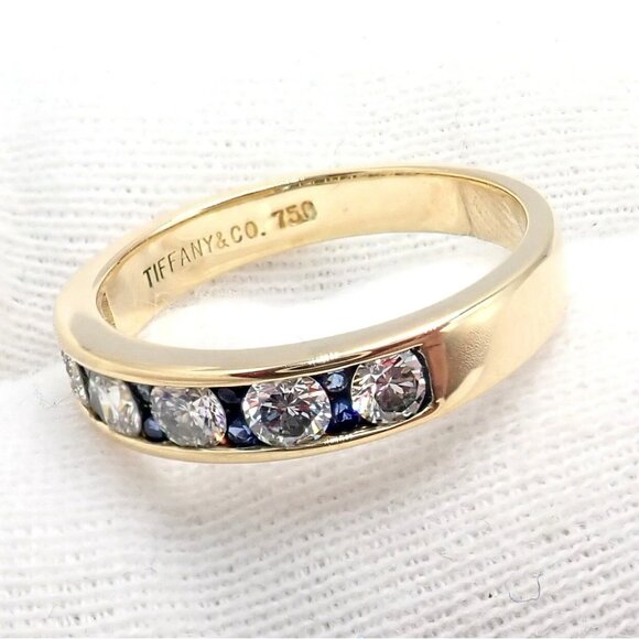Authentic! Tiffany & Co 18k Yellow Gold 1.20ctw Diamond Sapphire Band Ring sz 5 - Picture 8 of 12